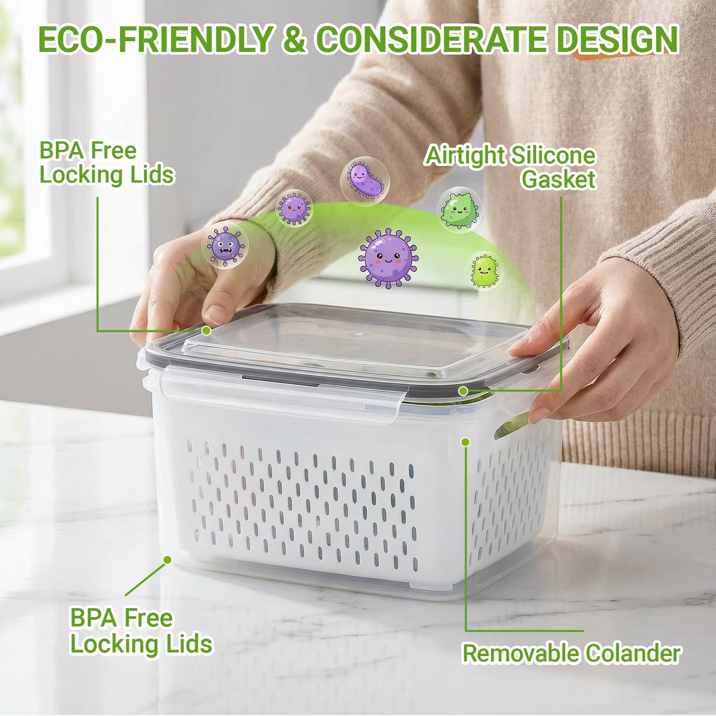 5 Pcs Fruit Storage Containers for Fridge with Removable Colanders, Leakproof Produce Containers with Lids for Salad Berry Lettuce Vegetables Meat Fresh longer
