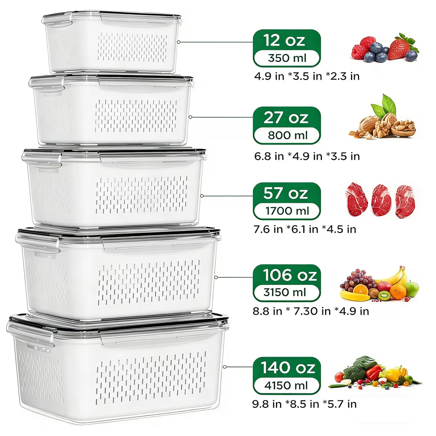 5 Pcs Fruit Storage Containers for Fridge with Removable Colanders, Leakproof Produce Containers with Lids for Salad Berry Lettuce Vegetables Meat Fresh longer