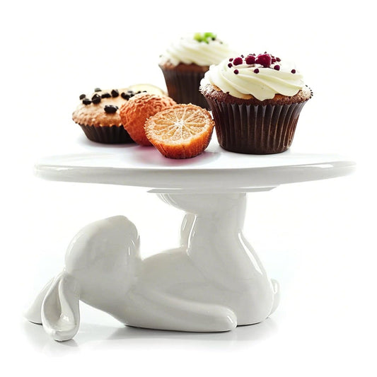 qecacvv 8 Inch Bunny Cake Plate Ceramic, Easter Cake Stand with Edge, White Decorative Stand for Cookies, Eggs, Candy Display